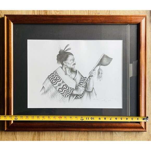 MAORI Warrior Man Framed Etching Tribal Tattoo Holding Taiaha By William Mahon ? - Picture 11 of 16